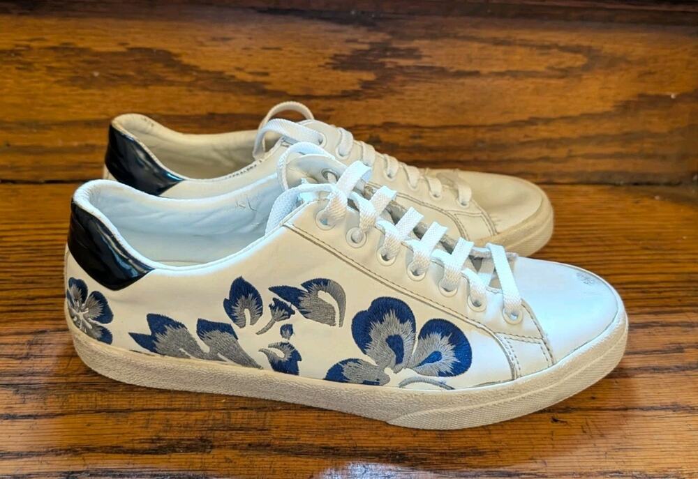 Zara Man White Leather Blue Floral Embroidered Sneakers Women's 8.5, EU 39